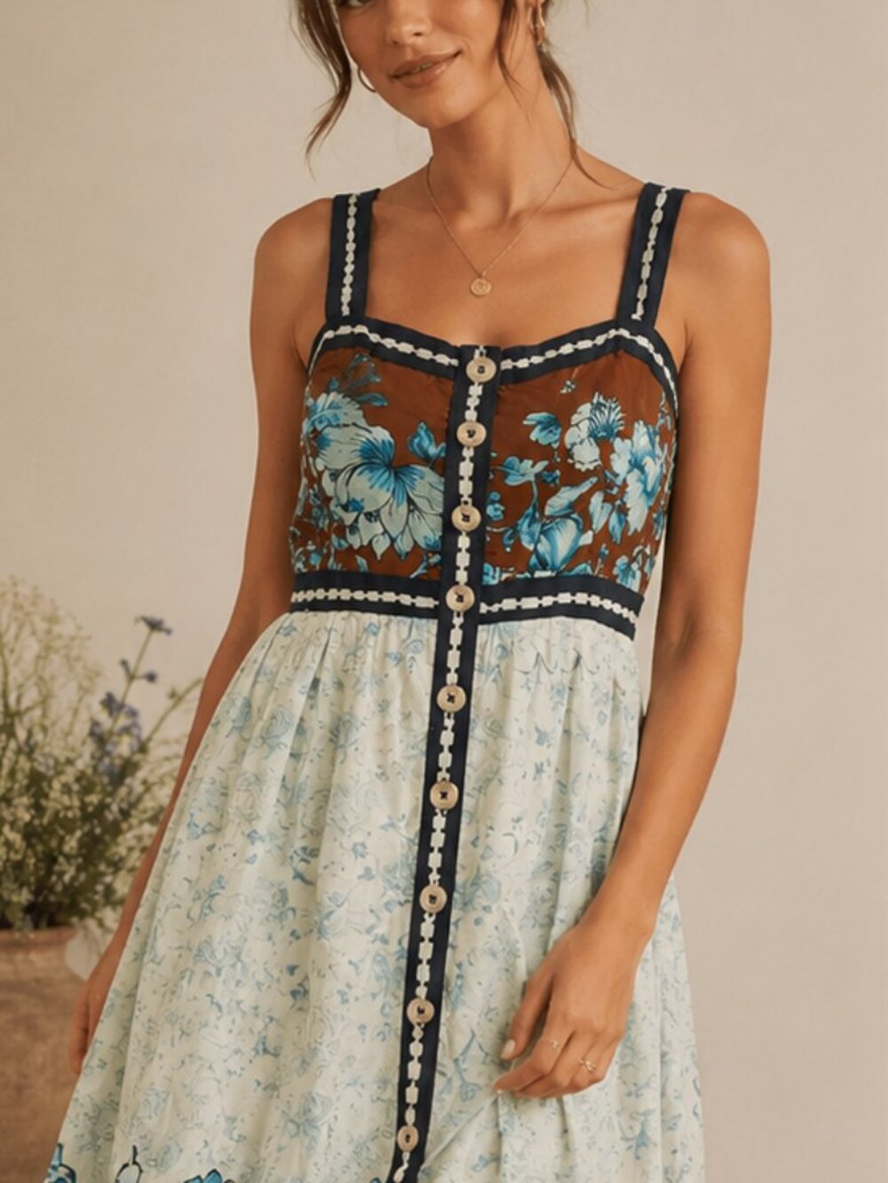 Maeve Anthropologie Floral Button Front Midi Dress Blue Brown L